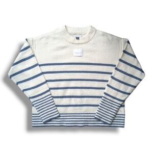 American Eagle Oversized Crew Neck Cream Blue Striped Soft Sweater Women's Small